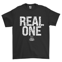 Load image into Gallery viewer, Black t-shirt with 'REAL ONE' text on a white background
