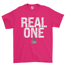 Load image into Gallery viewer, Hot pink t-shirt with 'REAL ONE' text and brand logo on a white background

