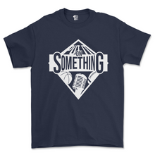 Load image into Gallery viewer, Navy blue t-shirt with white graphic design on a white background
