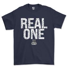 Load image into Gallery viewer, Navy blue t-shirt with 'REAL ONE' text in white on a white background
