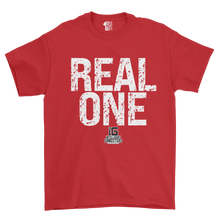 Load image into Gallery viewer, Red t-shirt with 'REAL ONE' text on a white background
