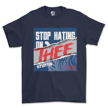 Load image into Gallery viewer, Navy blue t-shirt with graphic design and text on a white background
